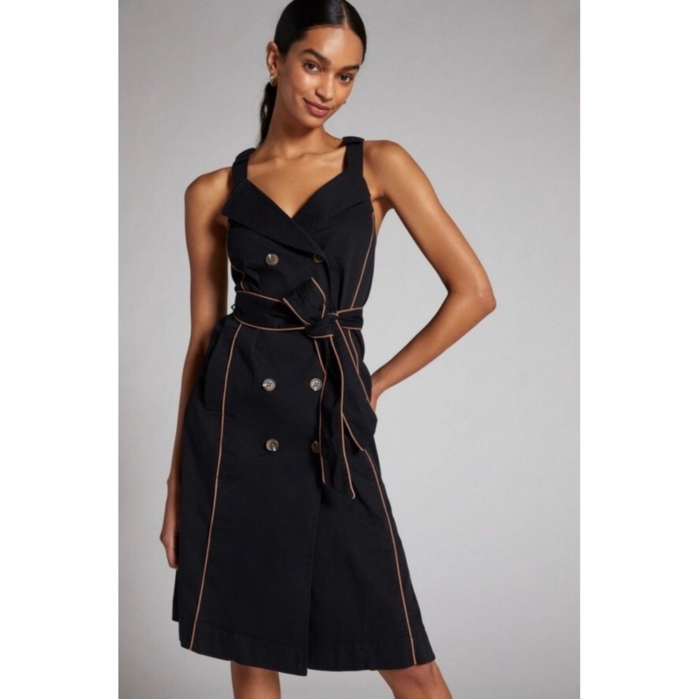 Maeve by Anthropologie Black Belted Trench Midi Dress Women's 8‎ | Utility Style